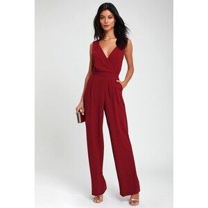 Lulus Kiska Burgundy Lace Wide-leg Jumpsuit Red - Size M